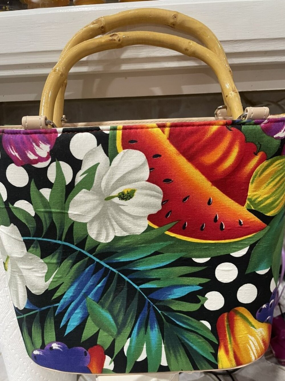 HANDBag Bucket 9 X 8 “ With BAMBOO HANDLES  UNUSED Small VIBRANT COLORS Fabric